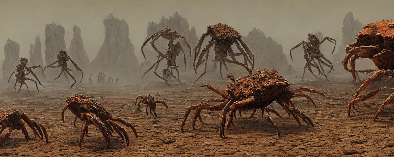 Prompt: a herd of giant crabs made of steel running abound on barren desert exoplanet by James Gurney, by Caspar David Friedrich, by Beksinski and Alex Gray