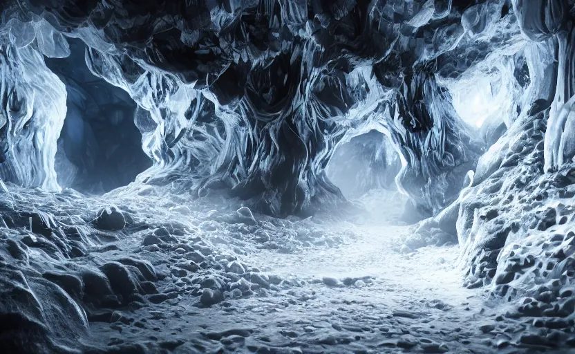 Prompt: liquid nitrogen and with black water-cooling coolant flowing through latent representations of ice caverns by centrifugal forces, high detailed, high contrast, geometric elements, trending on artstation, octane render, subsurface scattering, 4k