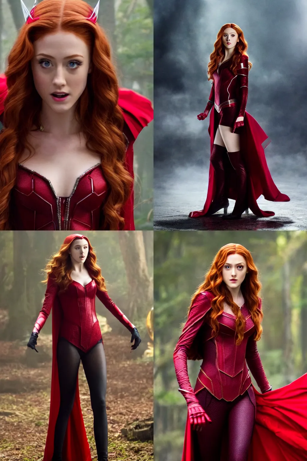 Prompt: Still of Katherine McNamara as the Scarlet Witch, gorgeous, full body shot, Ultra HD, TV, Fiction