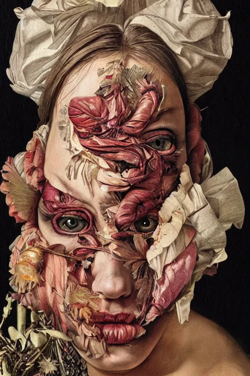 Image similar to Detailed maximalist portrait a with large lips and with large eyes, angry expression, fleshy botanical, HD mixed media collage, highly detailed and intricate, painting in the style of Caravaggio and Jenny saville, dark art, baroque