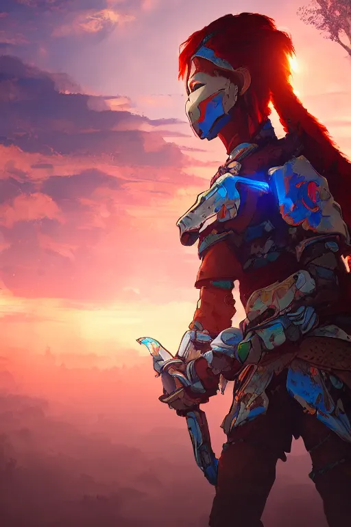 Image similar to combination suit armor aloy horizon forbidden west horizon zero dawn radiating a glowing aura global illumination ray tracing hdr fanart arstation by ian pesty and alena aenami artworks in 4 k tribal robot ninja mask helmet backpack