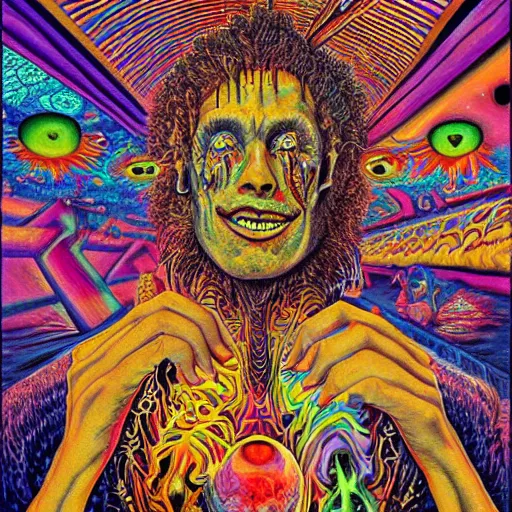 Image similar to Psychedelic DMT experience with inter-dimensional beings and insane trippy visuals in the style of an album cover by Howard Finster, Michael Cheval (highly detailed, 8k, UHD, fantasy, dream, otherworldly, bizzare, spirals, colourful, vivid)