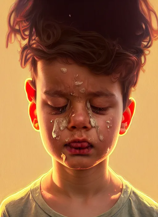 Prompt: moody portrait of a young boy sobbing uncontrollably because he has no more cereal in his bowl, tragedy, path traced, environment, highly detailed, high quality, digital painting, alena aenami, lilia alvarado, shinji aramaki, karol bak, alphonse mucha, tom bagshaw