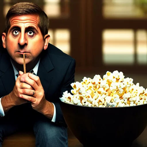 Image similar to steve carrell eating a bowl of popcorn, front facing, realistic, hyperrealistic, ultra realistic, real, real world, highly detailed, very detailed, extremely detailed, intricate details, 8 k resolution, hd quality