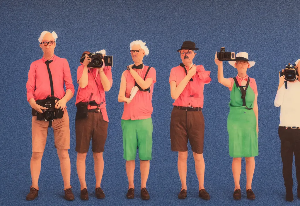 Image similar to full body portrait of a trio of european tourists with nikon cameras, various poses shooting photos, character designs painting, in the style of wes anderson, rene magritte, lola dupre, david hockney, isolated on white background, dark monochrome neon spraypaint accents volumetric octane render