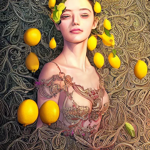 Image similar to the portrait of an absurdly beautiful, graceful, elegant, sophisticated, young teen girl made up of lemons looking up, an ultrafine hyperdetailed illustration by kim jung gi, irakli nadar, intricate linework, bright colors, octopath traveler, final fantasy, unreal engine 5 highly rendered, global illumination, radiant light, detailed and intricate environment