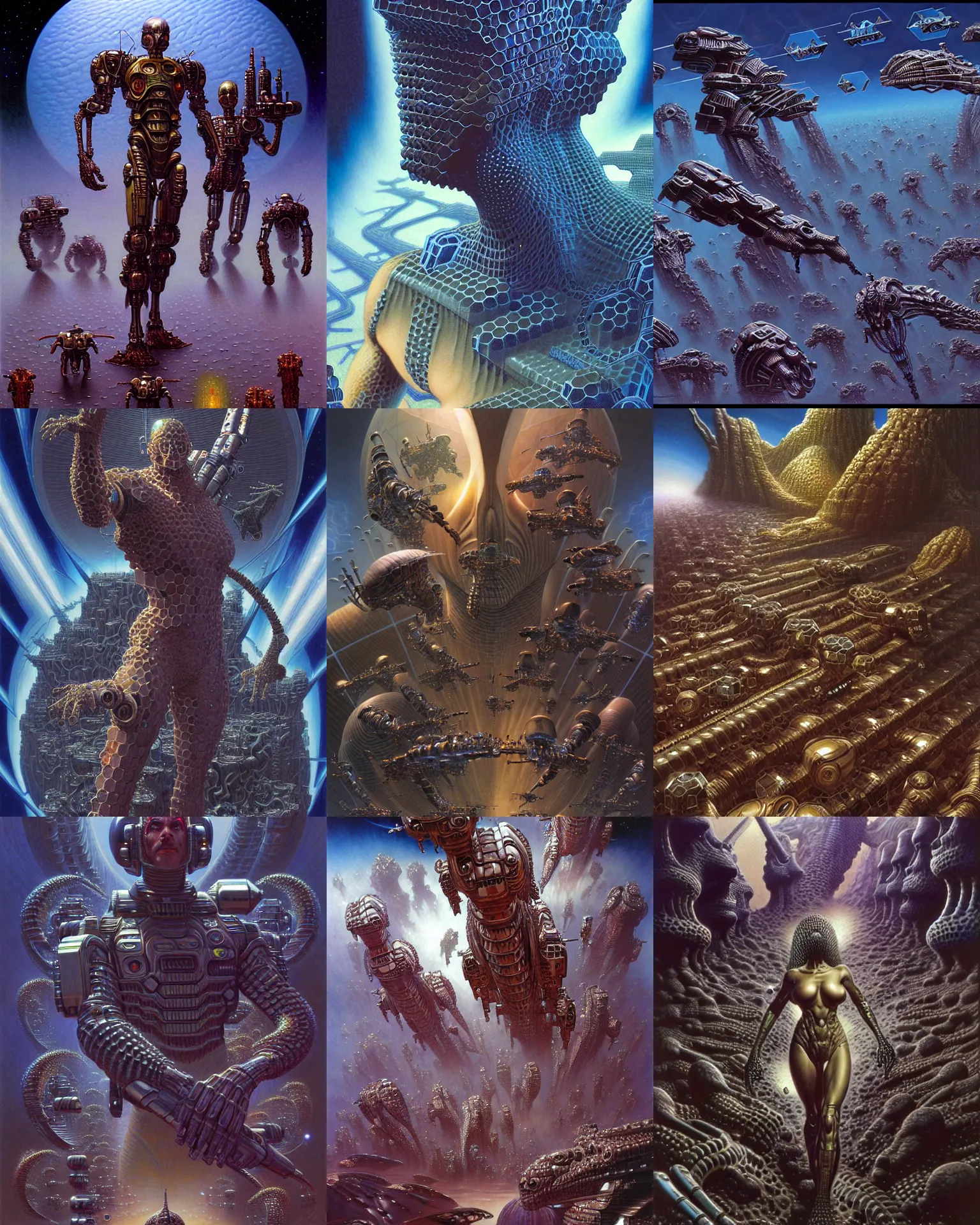 Prompt: a sci - fi world made of hexagons, ultra realistic, cinematic, wide angle, intricate details, cyborg, highly detailed by boris vallejo, scott roberston, marco plouffe, neville page, aaron horkey, wayne barlowe, craig mullins, roberto ferri, hajime sorayama