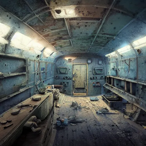 Prompt: inside an narrow quarter room of an abandonned ussr submarine, dim lighting with very small lightrays, comming, concept art, 4 k, hd, art station trending, sergii ivanchenko, sharp and highly detailed