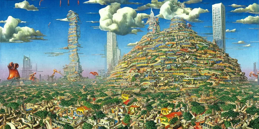 Prompt: a bizarre city constructed from various food items and snacks, with skyscrapers made of sub sandwiches and houses made of apples. by vladimir kush salvador dali, hokusai and --height 1024