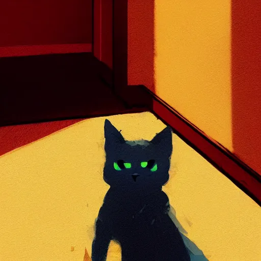 Prompt: close up of a cat stretching, in a house hallway, silhouette, warm colors, beautiful composition, by Atey Ghailan, by Craig Mullins and Dan Mumford, digital art, digital painting, trending on artstation,