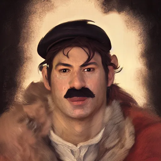 Image similar to a portrait of mario by francisco goya, au naturel, hyper detailed, digital art, trending in artstation, cinematic lighting, studio quality, smooth render, unreal engine 5 rendered, octane rendered, art style by klimt and nixeu and ian sprigger and wlop and krenz cushart