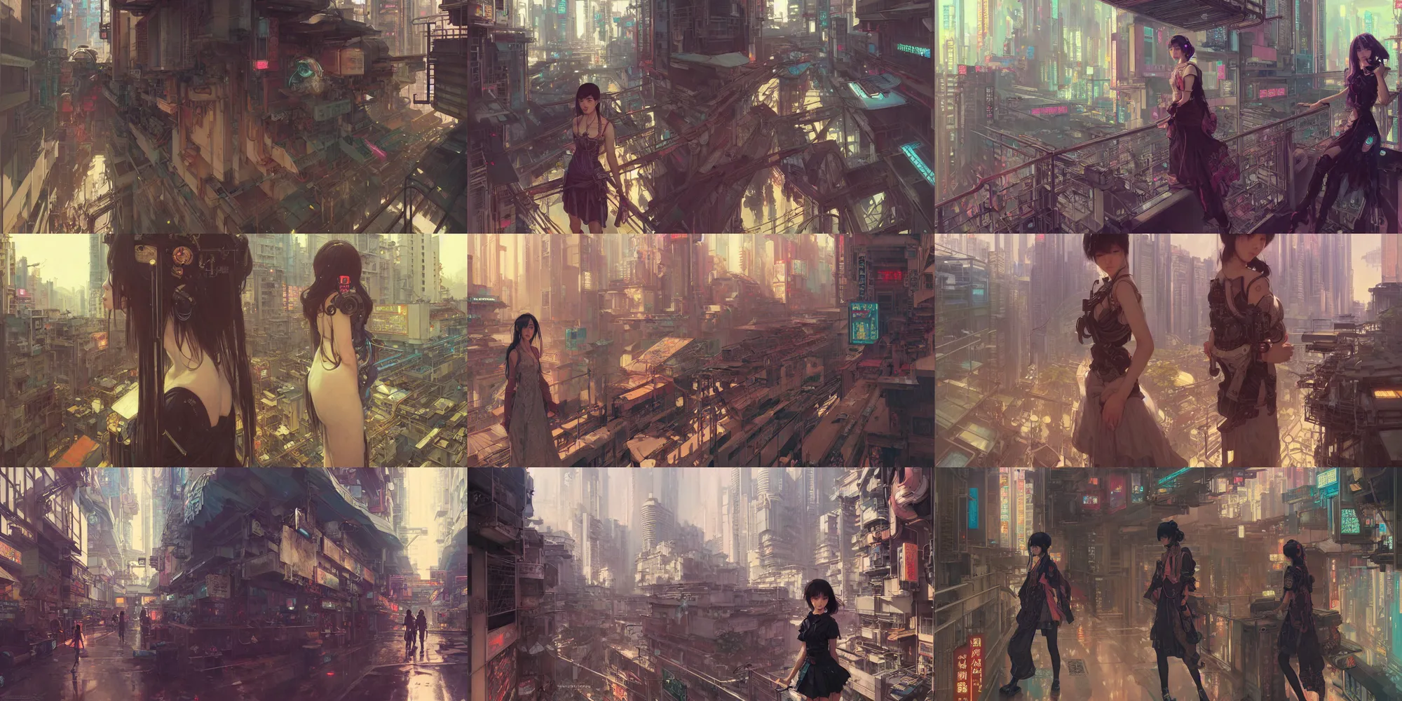 Prompt: ultra realistic beautiful cyberpunk kowloon balcony techno art, beautiful alluring anime school girl, sci - fi, fantasy, intricate, elegant, highly detailed, digital painting, artstation, concept art, smooth, sharp focus, illustration, art by alphonse mucha and tian zi and krenz cushart and greg rutkowski