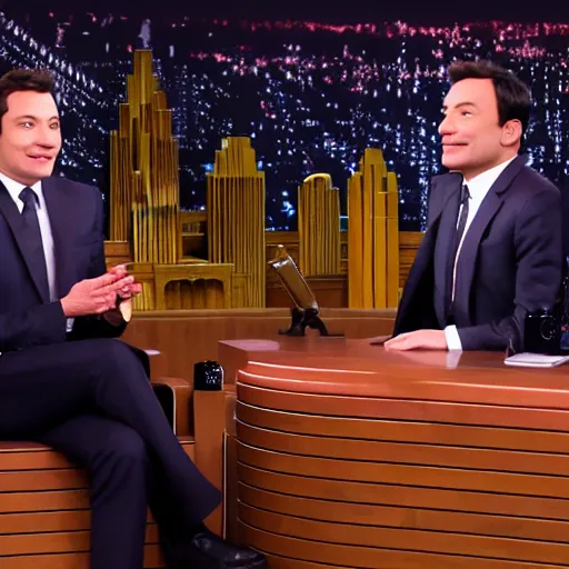 Image similar to cinematic shot of julius caesar being interviewed by jimmy fallon on an episode of the tonight show, 8 k, very detailed, very intricate,