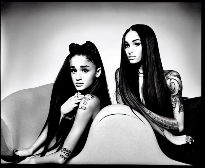 Image similar to award winning photo of Ariana Grande, Megan Fox sitting on a chesterfield lounge, symmetrical + beautiful eyes, wide shot by Sally Mann & Arnold Newman,