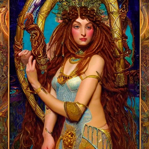 Image similar to artstation, intricate details, hyper details, by gaston bussiere and sandro botticelli, tan skin sumerian goddess inanna, lady of elche, egyptian sumerian features, techno mystic dominatrix goddess intergalactica, inanna with aqua neon rapunzel dreadlocks,