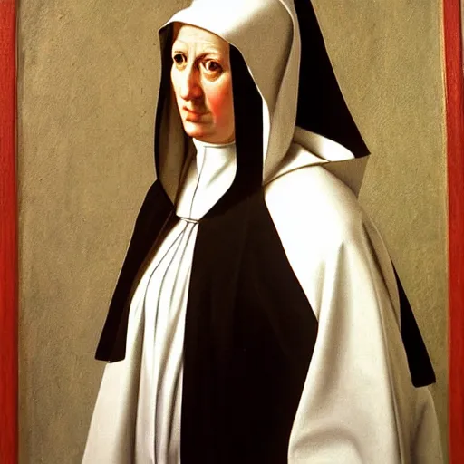 Prompt: a very detailed oil painting of the nun sainte claire wearing clarise habit, half body, by caravaggio