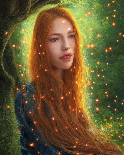 Image similar to a young woman, amazed by the lights of golden fireflies, sitting in the midst of nature fully covered, long loose red hair, intricate linework, open green eyes, small nose with freckles, oval shape face, soft happy smile, realistic, expressive emotions, mystical scene, hyper realistic ultrafine detailed illustration by james jean and albert bierstadt and artgerm