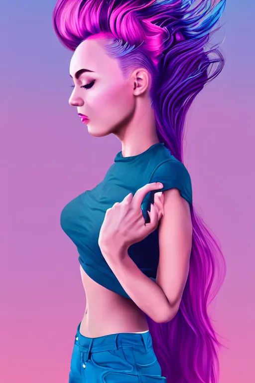 Image similar to a award winning half body porttrait of a beautiful woman in a croptop with ombre purple pink teal hairstyle with head in motion and hair flying, outrun, vaporware, shaded flat illustration, digital art, trending on artstation, highly detailed, fine detail, intricate