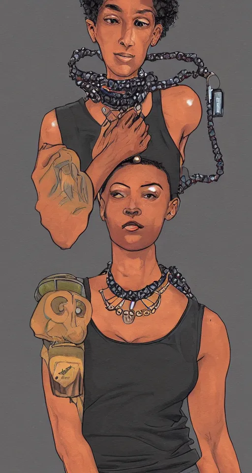 Prompt: a portrait of a humanoid black puma wearing a tank top and a necklace with a glowing stone, painting by Laurie Greasley