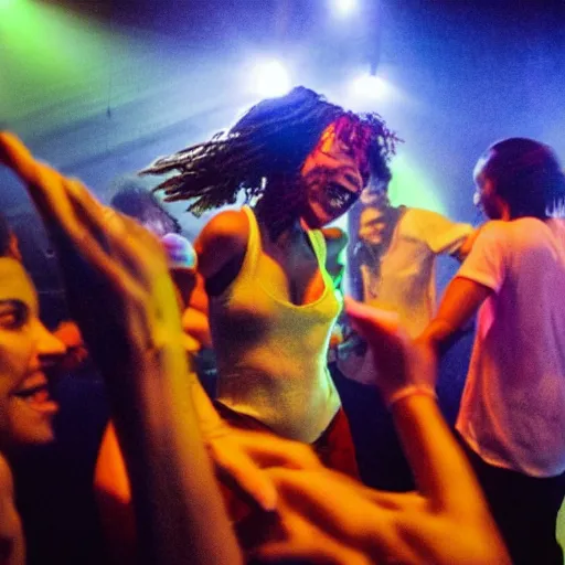 Prompt: a photo of leneny kravitz dancing in a rave party