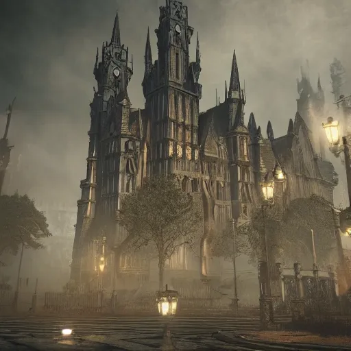 Image similar to haunted gothic horror lovecraftian city, swirling smoke and mist, ultrarealistic, intricate detail, finely detailed, small details, extra detail, high resolution, volumetric lighting, octane render, 8 k