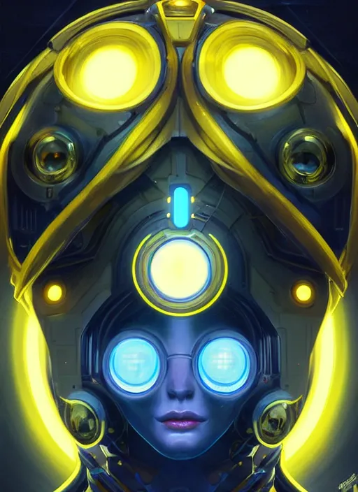 Image similar to symmetry!! portrait of a robot with big eyes, sci - fi, tech wear, blue and yellow glowing lights!! intricate, elegant, highly detailed, digital painting, artstation, concept art, smooth, sharp focus, illustration, art by artgerm and greg rutkowski and alphonse mucha