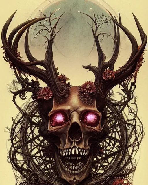 Image similar to perfectly centered portrait front view of a angry dead rotten beautiful dear skull growing ornamentation all around, ornate, detailed, symmetrical, elegant, beautifully soft lit, by wayne barlowe, peter mohrbacher, kelly mckernan