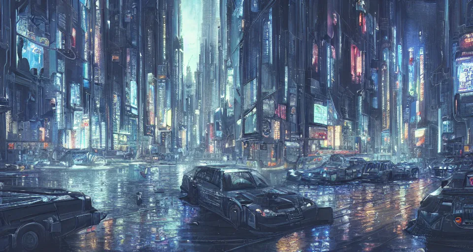 Image similar to a super detailed beautiful painting of a city by shaddy safadi, 8 k, blue hue, warm lighting, cyberpunk trending on artstation