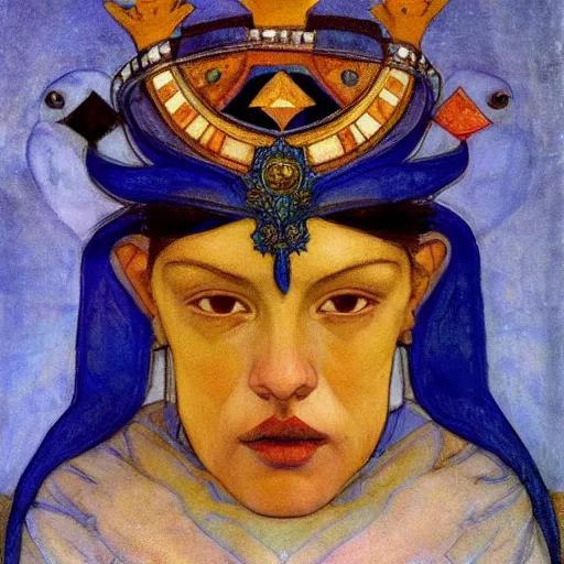 Image similar to the corvid crown, by Annie Swynnerton and Nicholas Roerich and Diego Rivera, blue skin, elaborate costume, geometric ornament, rich color, dramatic cinematic lighting, smooth, sharp focus, extremely detailed