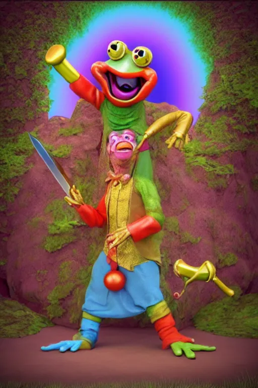 Image similar to clown frog king pulls the sword from the stone, clown frog king wearing clown makeup and rainbow wig, clown crown artwork by Todd Schorr, 3D rendering by Beeple