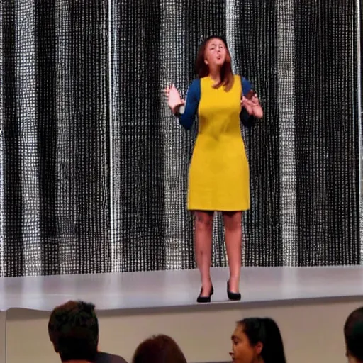 Prompt: reuters photograph of a female mark zuckerberg giving a keynote speech on apple park