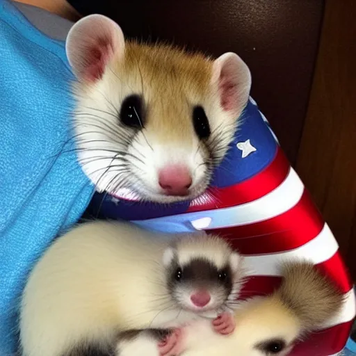 Prompt: A ferret is cuddling Captain America