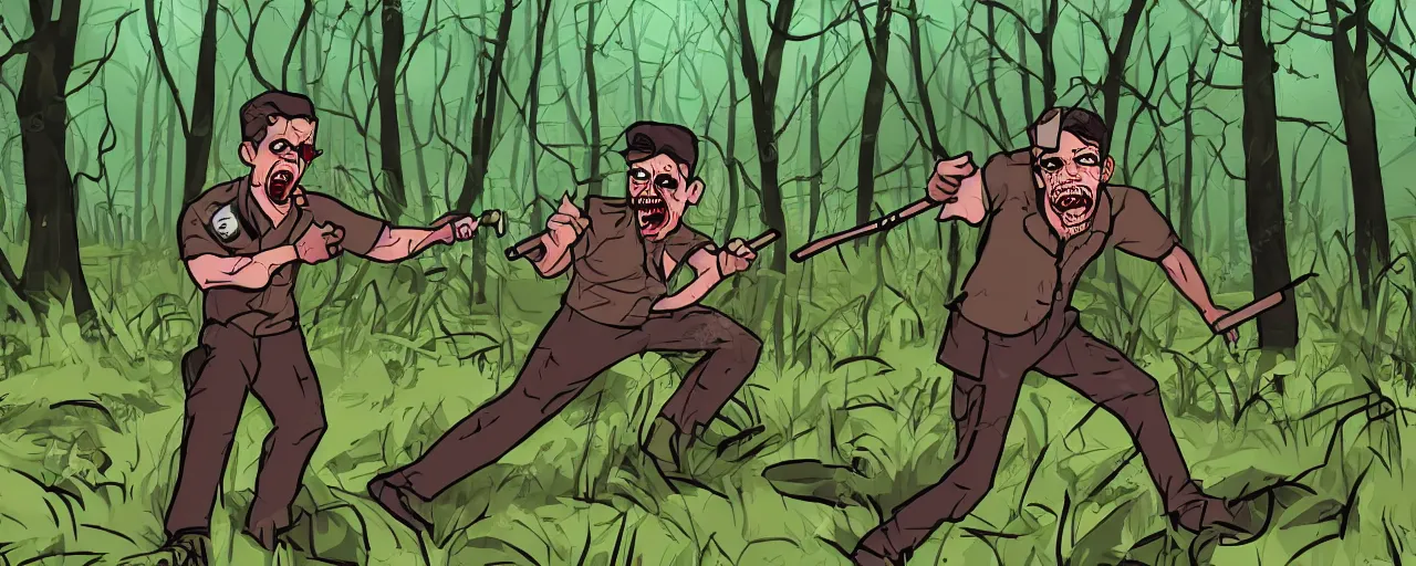 Prompt: A badass male nurse threatening a zombie with a baseball bat inside a lush forest clearing. highly detailed