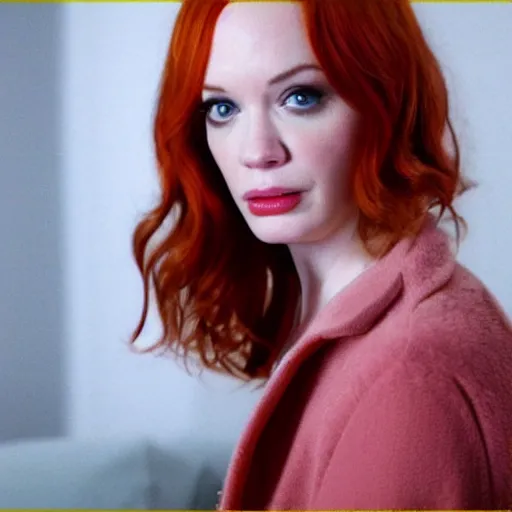 Image similar to amazing beautiful Christina Hendricks with puffy lips in the living room, film still from the movie directed by Denis Villeneuve , wide lens