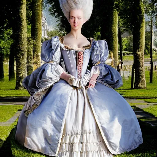 Image similar to marie antoinette walking in versailles, outdoor, sunny day, wow 4 k detail fantasy, matte painting, realistic materials, photo realistic, postprocessing, cinematic, hyperrealistic, studio lighting, ekaterina, the tudors, photography by richard jenkins