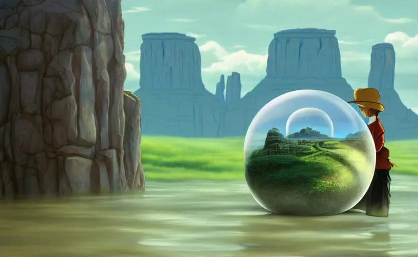 Image similar to a scary hyperrealist painting of a tribal elder in a giant transparent forcefield crystal ball from howl's moving castle ( 2 0 0 4 ) in a flooded monument valley stonehenge jungle. depth perception, 4 k, artstation, in the style of studio ghibli