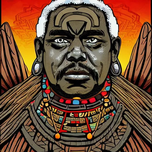 Image similar to james earl jones from zamunda as mayan shaman in apocalypto manga style 4 k illustration