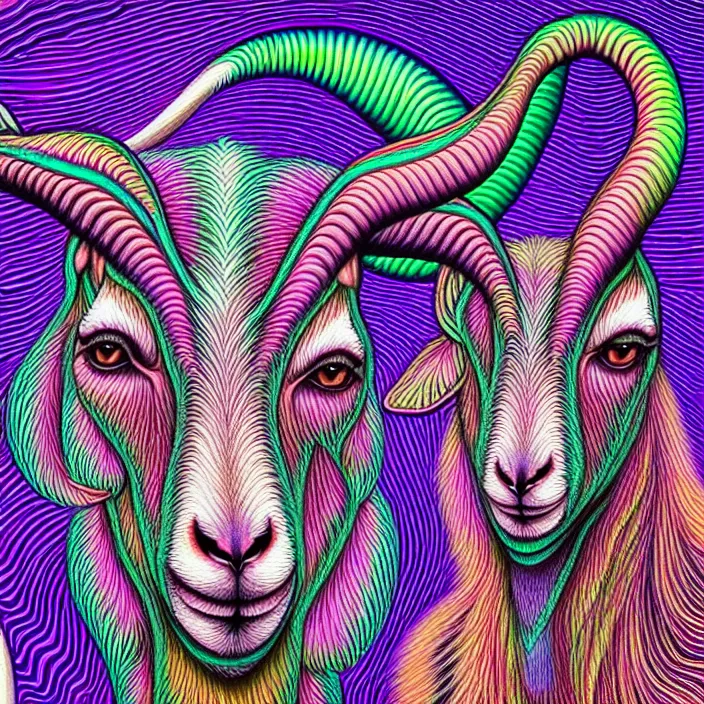 Prompt: psychedelic goats, by alex grey, intricate details, artstation, furry, beautiful