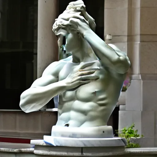 Image similar to a marble statue having trouble working on his laptop