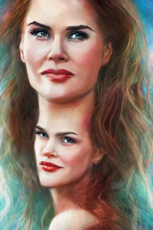 Image similar to portrait of a mix of beautiful young maria shriver, mariel hemmingway, brooke shields, nicole kidman and elle macpherson as a mermaid, thin lips, hair tied up in a pony tail, colorful artstation, cgsociety