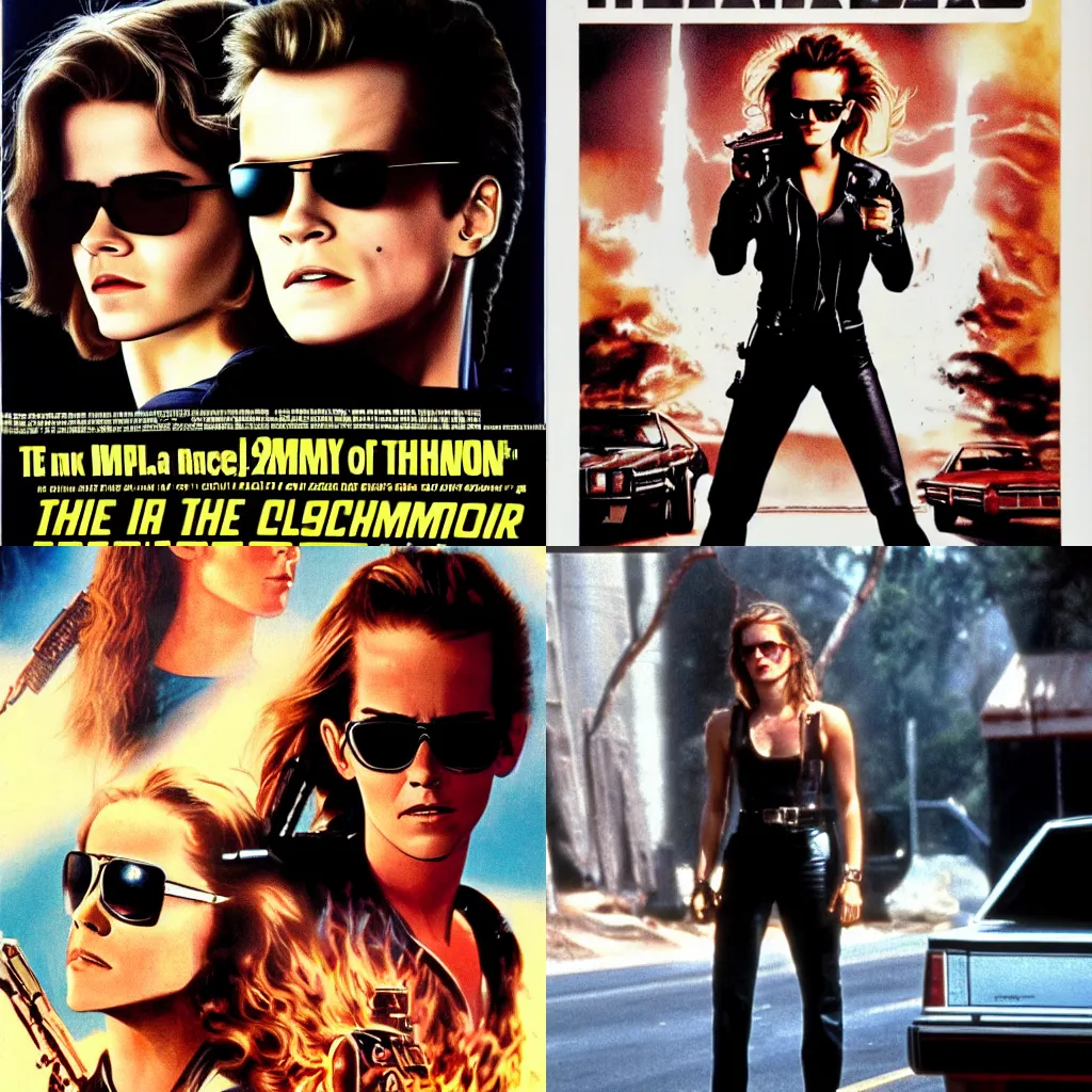 Prompt: The Terminator (1984) poster emma watson wearing sunglasses holding shotgun