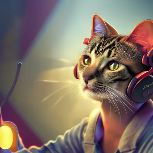 Prompt: A Cat playing video games, uplifting , wearing a headset, fantasy, digital painting, trending on ArtStation, HDR shot