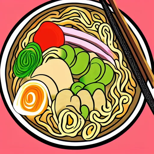 Prompt: A anime style of a bowl of ramen, digital art