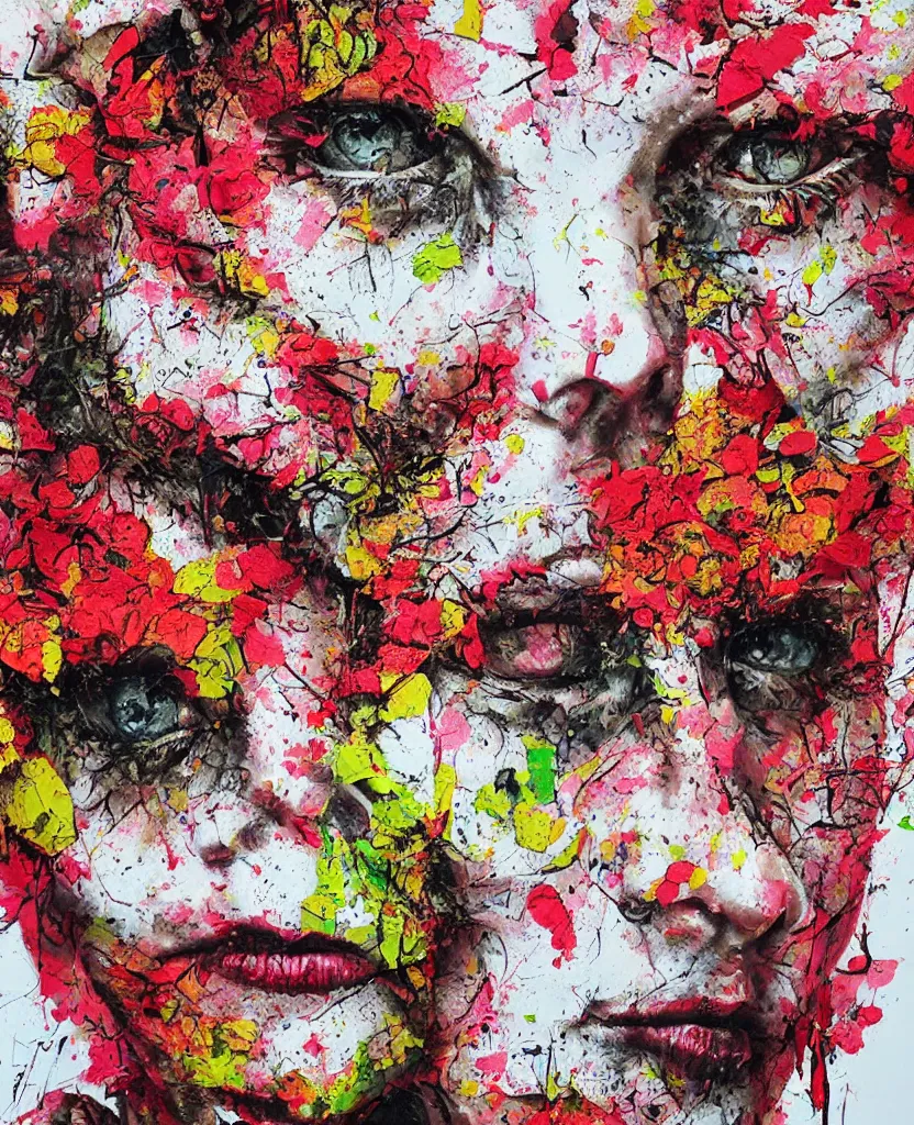 Image similar to illustration, gouache impasto of human face, blossoms, intricate, by artur bordalo