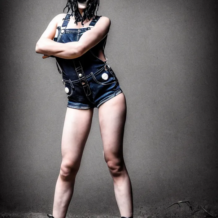 Image similar to fully body pose, photo of a very beautiful!! skull woman, torn overalls, short shorts, fishnets, combat boots, wet t shirt, 8 k, hdr, smooth, sharp focus, high resolution, award - winning photo, trending on artstation, dslr, 5 0 mm