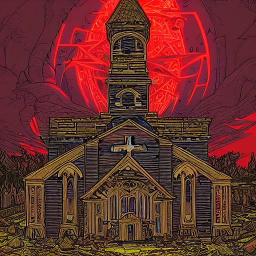 Image similar to an evil church in ruins by Dan Mumford