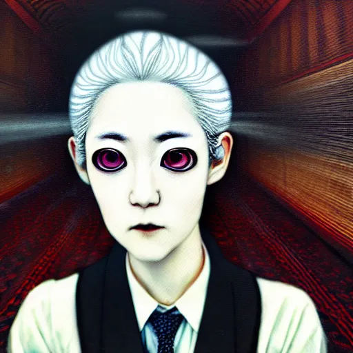 Image similar to yoshitaka amano blurred and dreamy realistic three quarter angle portrait of a woman with white hair and black eyes wearing dress suit with tie, junji ito abstract patterns in the background, satoshi kon anime, noisy film grain effect, highly detailed, renaissance oil painting, weird portrait angle, blurred lost edges