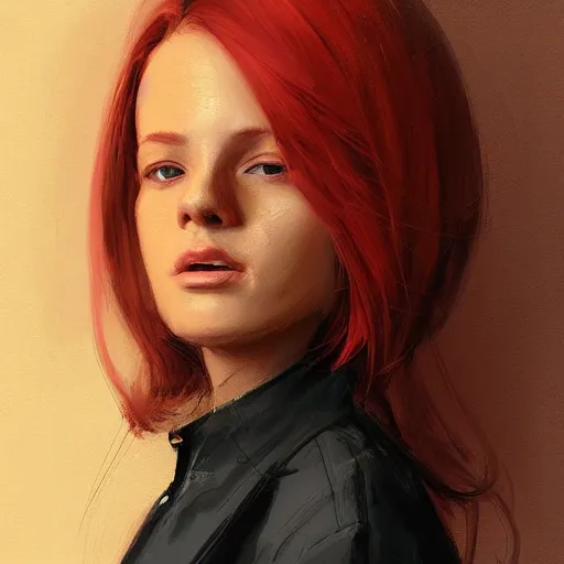 Image similar to Portrait of a woman by Greg Rutkowski, she is about 20 years old, redhead, long straight hair, beautiful oval face, wearing red and black utilitarian jumpsuit, older sister vibes, highly detailed portrait, digital painting, artstation, concept art, smooth, sharp foccus ilustration, Artstation HQ.