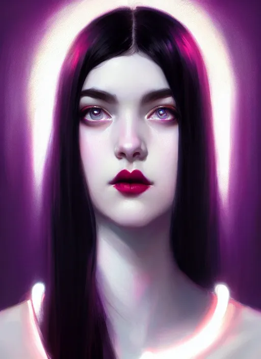 Image similar to portrait of pale teenage girl, red irises, black hair, white bangs, purple lipstick, intricate, elegant, glowing lights, highly detailed, digital painting, artstation, concept art, smooth, sharp focus, illustration, art by wlop, mars ravelo and greg rutkowski