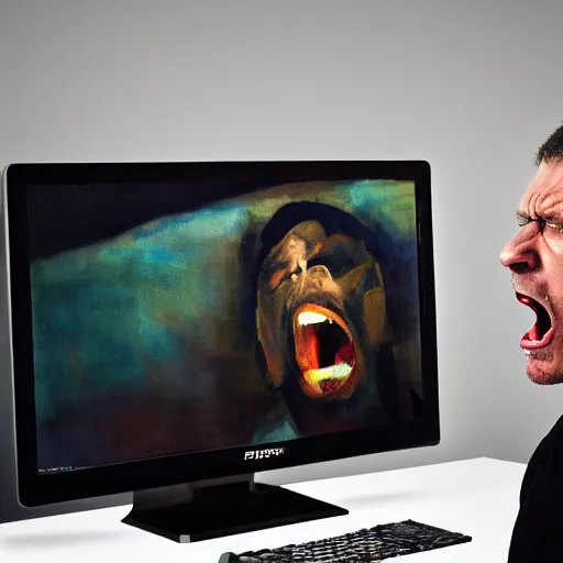 Image similar to an angry man yells at his computer monitor, oil on canvas, highly detailed, high resolution